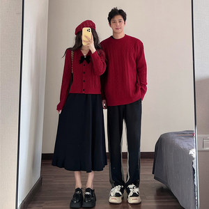 
Homecoming couple's autumn and winter red engagement Christmas suit loose lazy style New Year's sweater sweater
