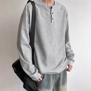 
American Henry Neck Long Sleeve T-shirt Men's Spring and Autumn Waffle Loose Casual Underwear Top