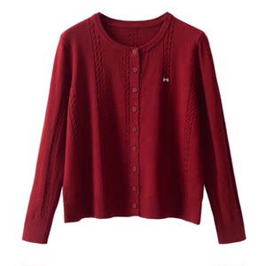 
2026 Spring and Autumn Round Neck Bow Burgundy Knitted Cardigan Women’s College Style Thin Coat Over Sweater