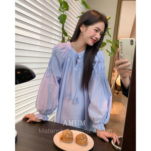 AMUM maternity suits for a sunny day~ French white-looking tassel lace-up shirt lantern sleeve loose top
