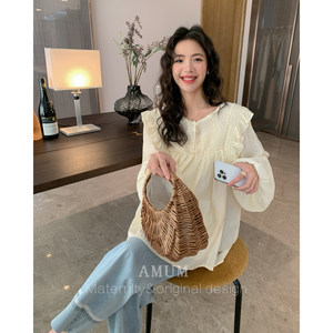 
AMUM maternity suit lightweight girl ~ thin temperament shirt pleated wood ear chiffon doll shirt top