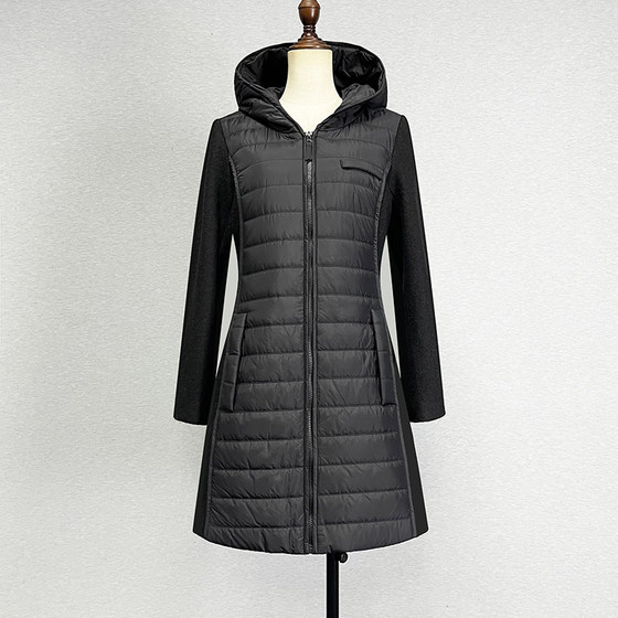Brand discount mid-length black wool wool color-blocking hooded coat autumn and winter A-line slimming zipper cotton jacket