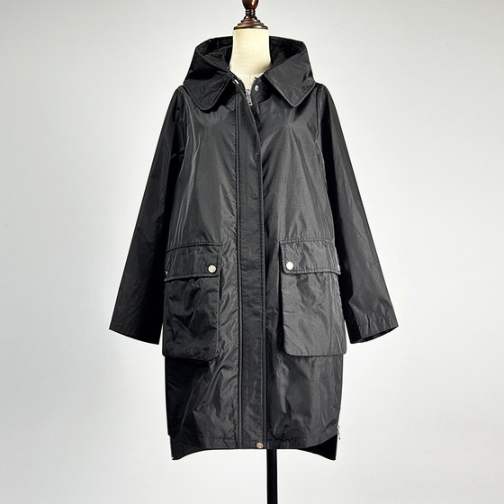 
Black mid-length hooded long-sleeved windbreaker 2025 autumn and winter windproof and waterproof loose and versatile side slit zipper jacket
