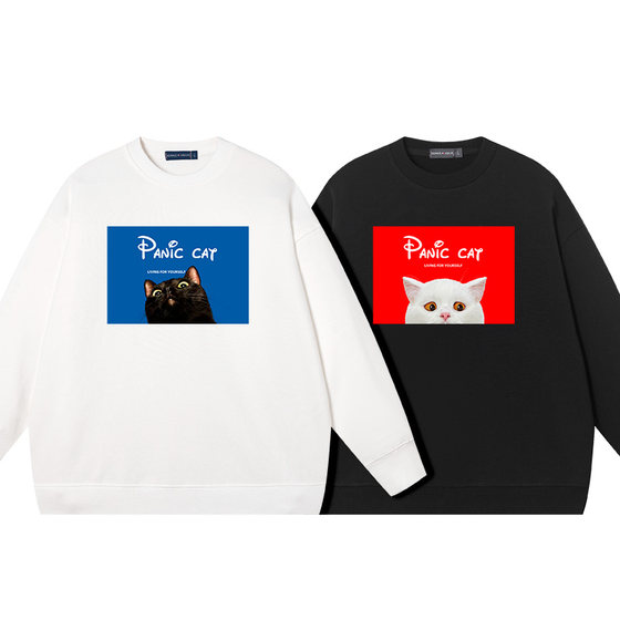 
Xiuluo cat couple outfit spring, autumn and winter new round neck pure cotton clothes couple outfit base large terry sweatshirt for men and women