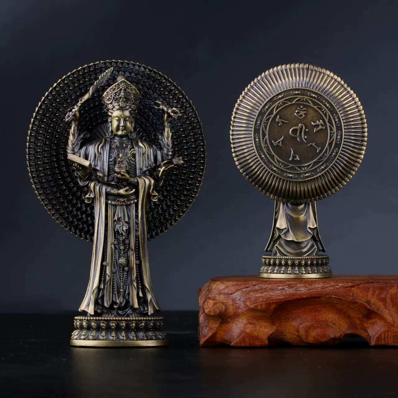 黄铜复古小佛像摆件千臂千钵文殊菩萨像居家佛像装饰12厘米精品