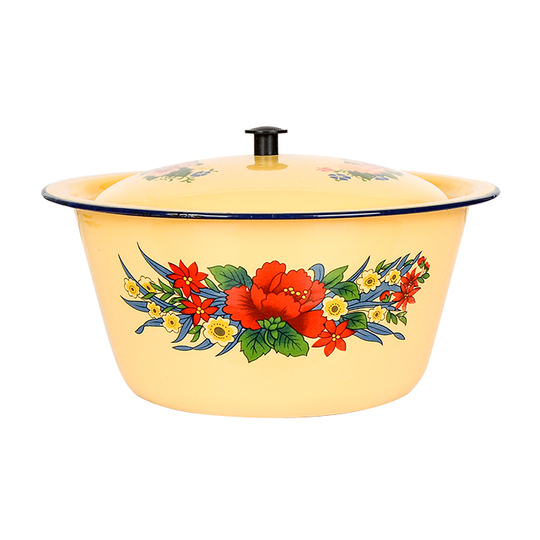 花柄ボウルセット 蓋付き 大中　ホーロー　アンティーク　ビンテージ 蓋付きホーロー洗面器 - ヴィンテージ植物の花柄ボウル - Preserve the