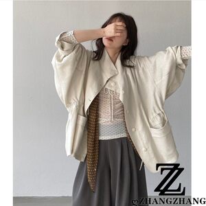 
Minimalist style lyocell linen windbreaker coat relaxed dropped shoulder mid-length spring and summer thin drawstring waist coat for women