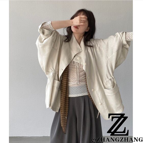 
Minimalist style lyocell linen windbreaker coat relaxed dropped shoulder mid-length spring and summer thin drawstring waist coat for women