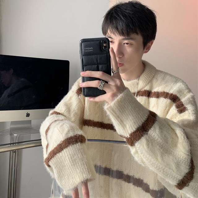 Striped twisted round neck sweater men's autumn and winter thick loose lazy style Korean casual high-end knitted sweater
