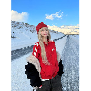 
JMJ American retro three-stripe letter embroidered stand collar assault jacket jacket for men and women loose casual cardigan