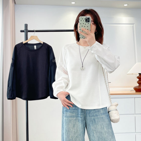 
Designed T-shirt for fat mm long-sleeved 2025 autumn new large size fashionable lace splicing belly-covering top