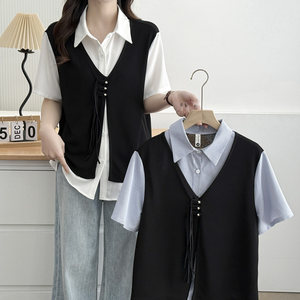 
Fake two-piece shirt for women, large size short-sleeved 2025 summer new fat mm fashionable and fashionable spliced ​​loose half-sleeved top
