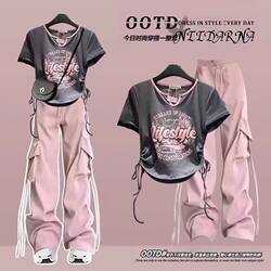 Girls' Pure Cotton Short-Sleeved T-Shirt and Cargo Pants Set, New Summer Korean Style Design, Two-Piece Set for Older Children with Long Pants