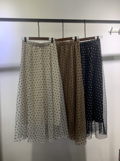 Original single elastic high waist flocking polka dot versatile large sling A-line skirt half-body long skirt lady gauze skirt women spring and summer new style
