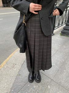 KERNEL COSMOS Seoul College Student Lucal High Waist Half-Pressed Long Skirt Plaid Pleated Skirt