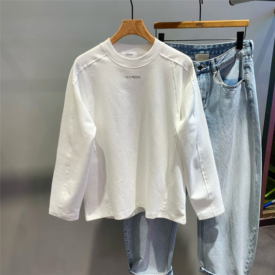 
Spring new style splicing deconstructed shoulder line design long-sleeved bottoming shirt Korean style fashion simple solid color inner top for men