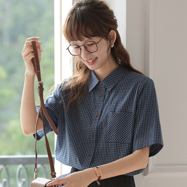 women's plaid short-sleeved shirt for women's retro summer plaid loose Korean mid-sleeved casual shirt