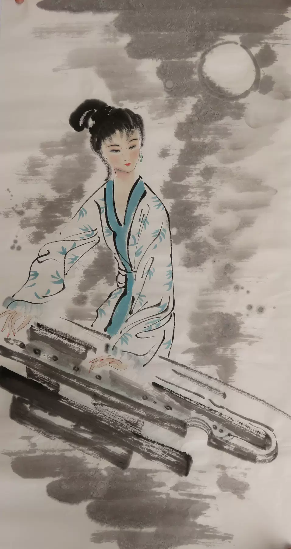 中国古美術・仕女図三尺画芯・唐寅印款・水墨彩色画・純手描き・書道品・宣紙・带水印 中国美術品・古代名家唐寅氏書画・水彩書画【四大美女】図・書画