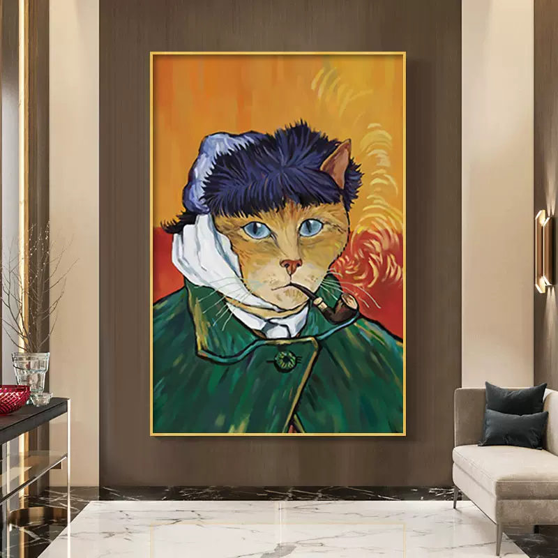 北欧梵高名画客厅背景墙装饰画芯猫人自画像恶搞玄关卧室