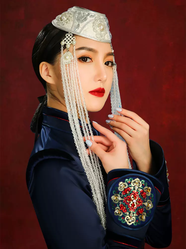 深蓝色女士高端精致时尚婚礼服民族风内蒙古蒙古袍舞蹈演出新娘装