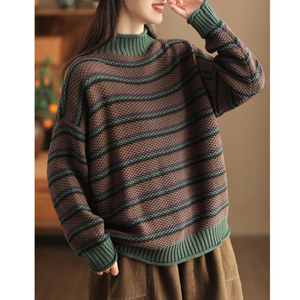 
2025 autumn new retro pineapple knitted sweater for women fashion color block curly cotton thread pullover art top