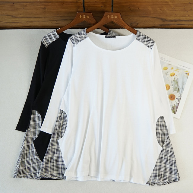 Japanese ladies cotton seven -point sleeve loose skirt shirt, spring and summer new pocket T -shirt medium long white 8337