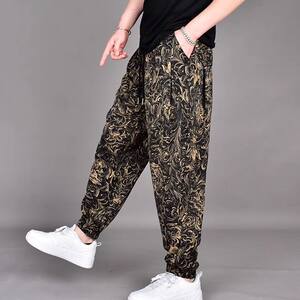 
Trendy printed loose wide-leg leggings men's trousers summer new ice silk trendy harem casual flower pants