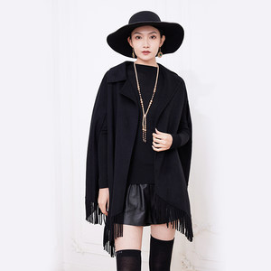 
Hitch Rip's new product 2025 winter wool tassel sleeves large size slim short high-end black shawl coat