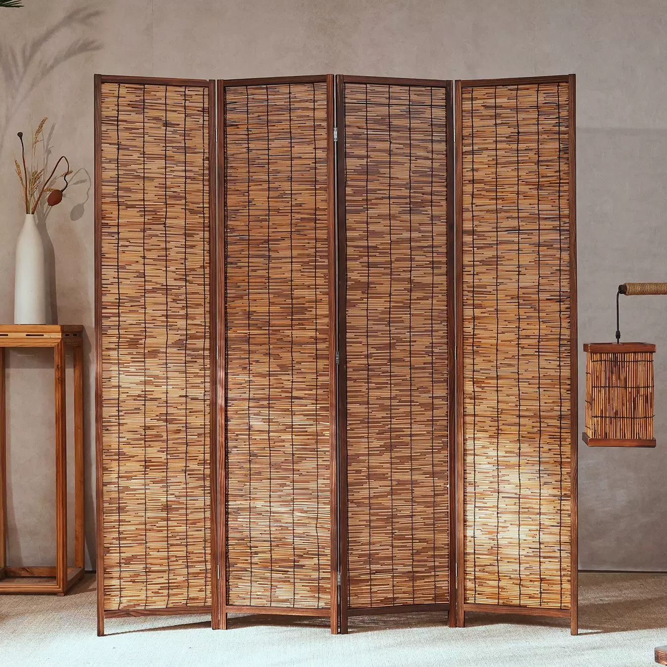 中古风实木芦苇屏风隔断墙客厅折叠移动复古做旧酒店餐厅玄关