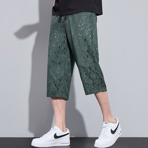 
Ice silk jacquard cropped pants men's summer thin casual straight-tube quick-drying air-conditioning shorts versatile loose breathable medium pants