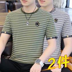 2025 New Men's Short-Sleeve T-Shirt Trendy Pure Cotton Striped Fashion Brand Versatile Slim-Fit Base Shirt Half-Sleeve Top Summer