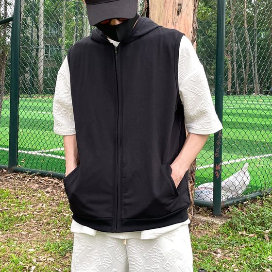 
Sports vest men's spring and autumn sleeveless hooded thin fitness vest trendy brand large size vest loose cardigan jacket