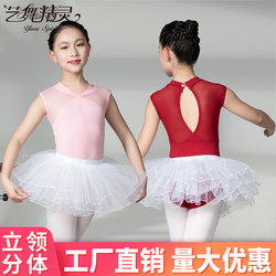 Young Children's Dance Clothing, Female Ballet Latin Practice Clothing, Chinese Dance Sleeveless Mesh Body-Shaping Stand-Up Collar Gymnastics Clothing