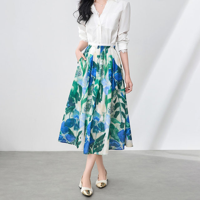 
2506312-Sense French commuting printed tinsel-melon vacation style skirt big sway women's summer long skirt southern oil