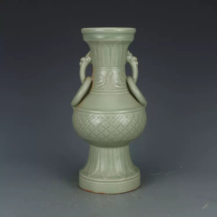 中国古美術/南宋青釉雙魚龍耳花瓶/倉庫整理品 LOT 539 南宋龍泉青釉魚龍耳瓶