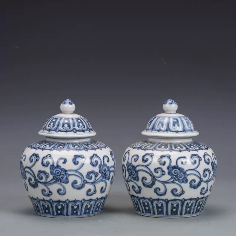 明宣德瓷器青花缠枝花卉盖罐一对古董古玩明清老瓷器旧货收藏真品-Taobao