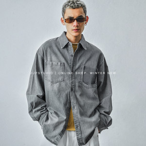 
JUPSTUDIO Japanese old money denim shirt men's autumn loose long-sleeved gray work style casual top