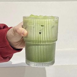 ins Simple Striped Glass Cup Lemon Tea Cup Sparkling Water Cup Household Stackable Beverage Cup Fruit Tea Cup 410ml