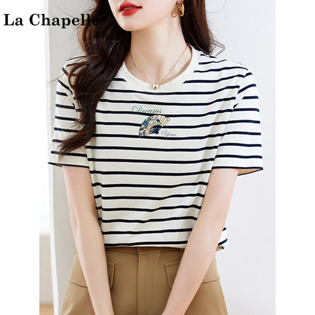 La Chapelle striped short-sleeved T-shirt for women 2025 new summer pure cotton fan letter printed round neck top
