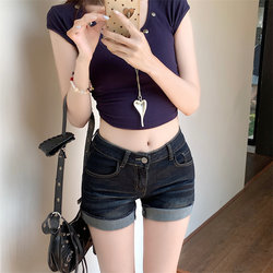 Hot Girl Retro Dark Blue Rolled Hem Denim Shorts for Women 2026 New Summer Petite Slim Fit Hot Pants