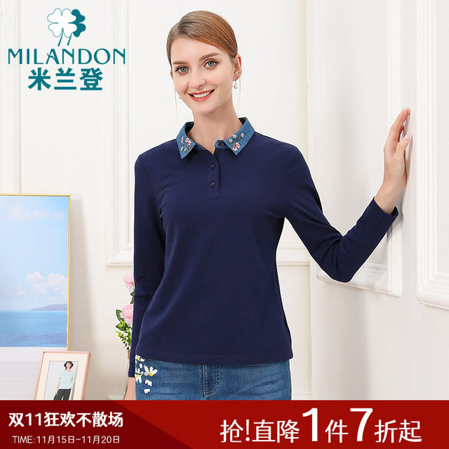 Mirandon middle-aged and elderly mothers' long-sleeved T-shirt women's spring and autumn new casual fashion lapel sweater top