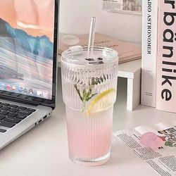 Simple Vertical Striped Glass Cup with Lid and Straw, High-Value Cold Drink Cup, Juice Americano Coffee Cup, Beverage Cup