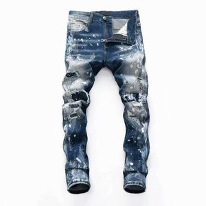 
New light luxury men's splash-ink knee hole patch, white whisker jeans, men's elastic slim-fitting pants