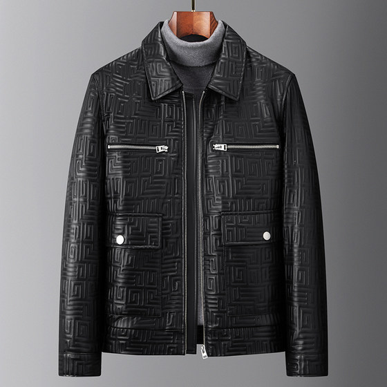 
Haining genuine leather two-layer sheepskin black leather jacket men's short lapel motorcycle style zipper flip jacket handsome coat trendy