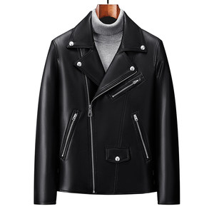 
Haining Sheepskin Black Motorcycle Style Genuine Leather Jacket Men's Lapel Zipper Youth Trendy Short Jacket