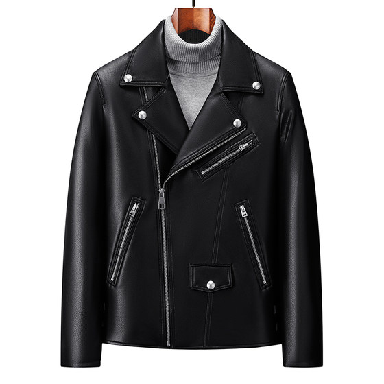 
Haining Sheepskin Black Motorcycle Style Genuine Leather Jacket Men's Lapel Zipper Youth Trendy Short Jacket