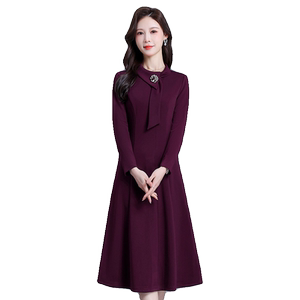 
Ellen streamer neck long-sleeved temperament dress 2025 new high-end and elegant age-reducing waist mid-length A-line skirt