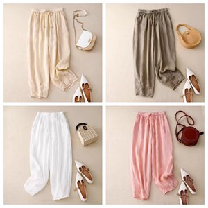 
Xiaolian~22818 elastic waist drawstring tie-out and open-line design double-layer ramie harem slim casual pants