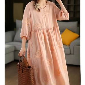 
22934 lace lace collar double-layer ramie dress Chinese style age-reducing slimming versatile embroidered V-neck over-knee long skirt