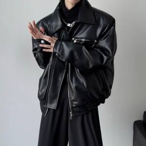 
American PU leather jacket men's spring and autumn British slim men's high-end silhouette motorcycle clothing work leather jacket trend